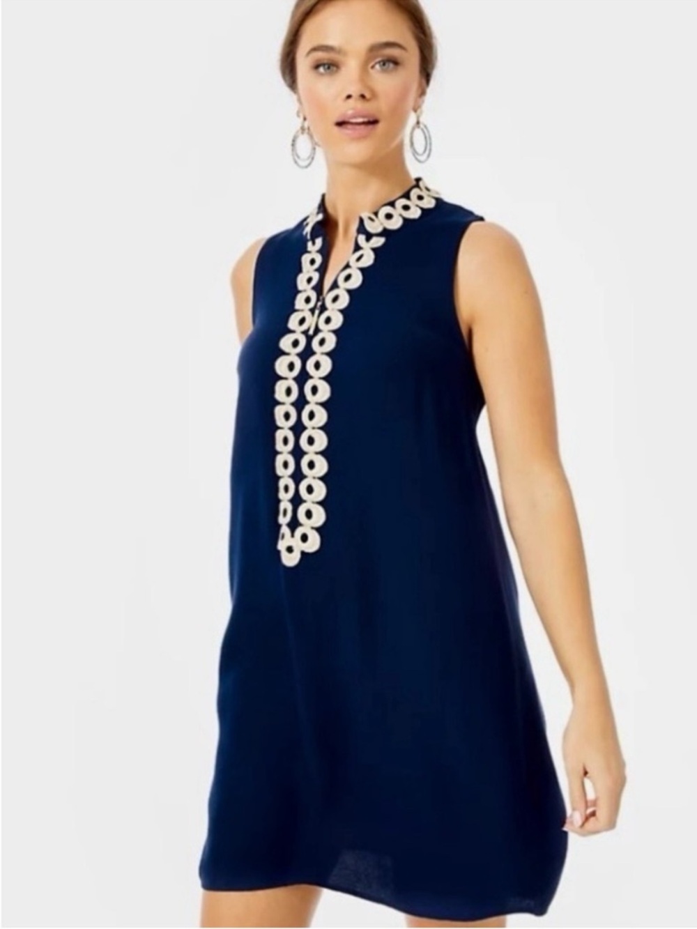 Lilly Pulitzer Jane Navy Sleeveless Shift Dress Gold Ring Trim Zipper Neck 4 - Picture 4 of 7